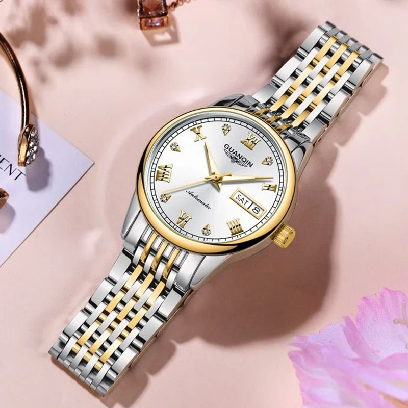 Guanqin relógio mecânico feminino de luxo movimento automático caixa aço inoxidável 32mm dial data semana lazer relógios à prova dwaterproof água