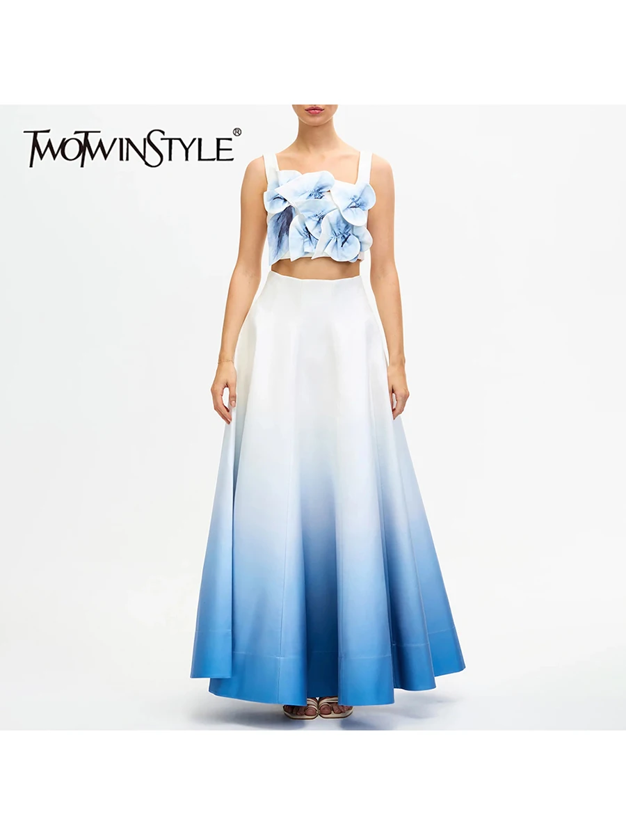 Twotwinstyle hit color moda conjuntos de duas peças para mulheres pescoço quadrado sem mangas emendado flor 3d topo saia de cintura alta conjunto feminino