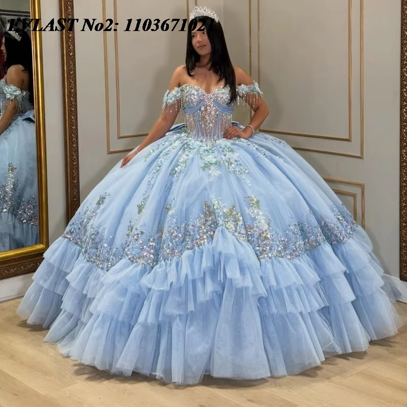 

EVLAST индивидуальное блестящее синее платье Quinceanera с открытыми плечами и блестками, аппликация, украшенное кристаллами и бисером, Sweet 16, Vestidos De 15 Anos E2QA27