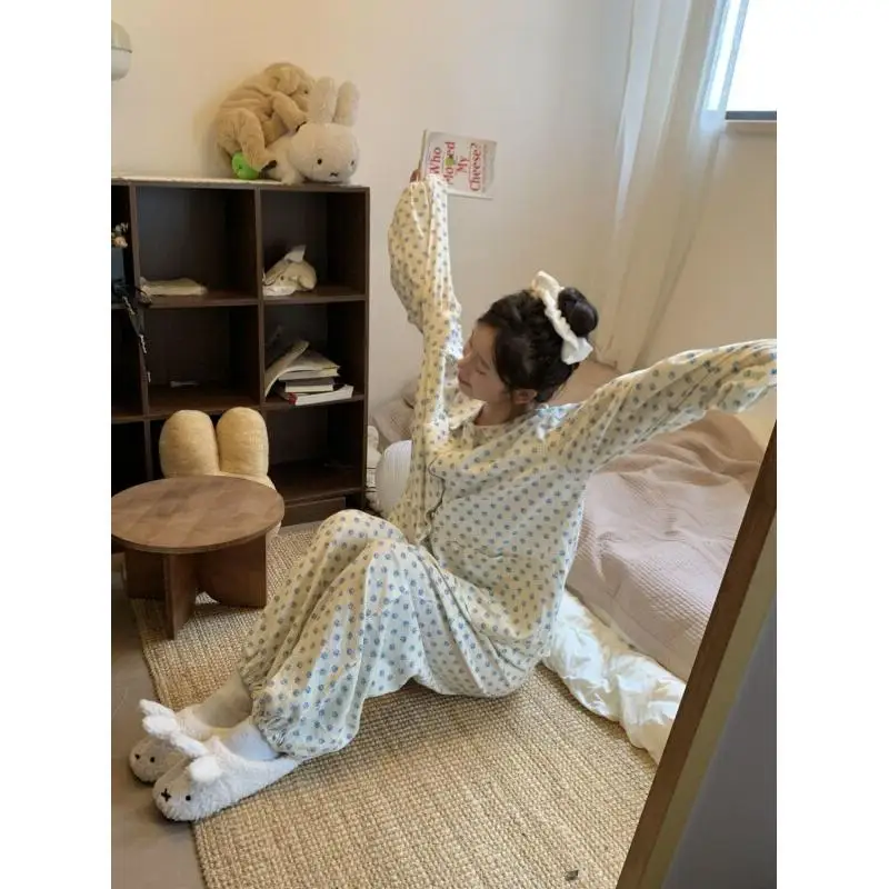 

Women's Pajama Set Fashionable Home Clothing Flower Collar Sweet Long Sleeved Pants with Drawstring Design Soft Women's Suit