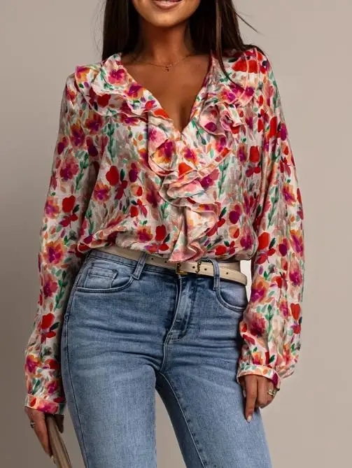 

Women's Top 2026 Spring New V-Neck Chiffon Top Loose Lantern Sleeve Shirt Stylish Printed Shirt Vintage Printed Elegant Shirt