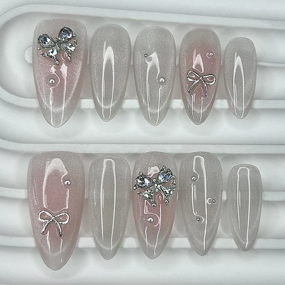 

10 Pieces Gentle Sweet Cute Pink Blush Almonds Handmade Press On Nails 3D Bow Pearl Diamond Cat Eye Glitter Art Fake Nails
