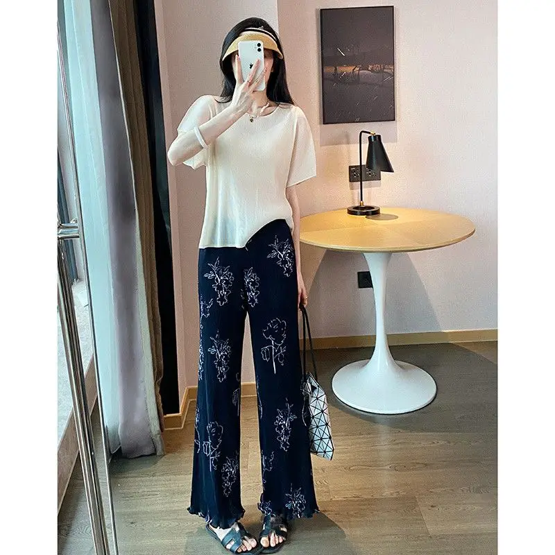 Folded versatile casual pants children's niche design straight printed trousers high waist thin drape wide