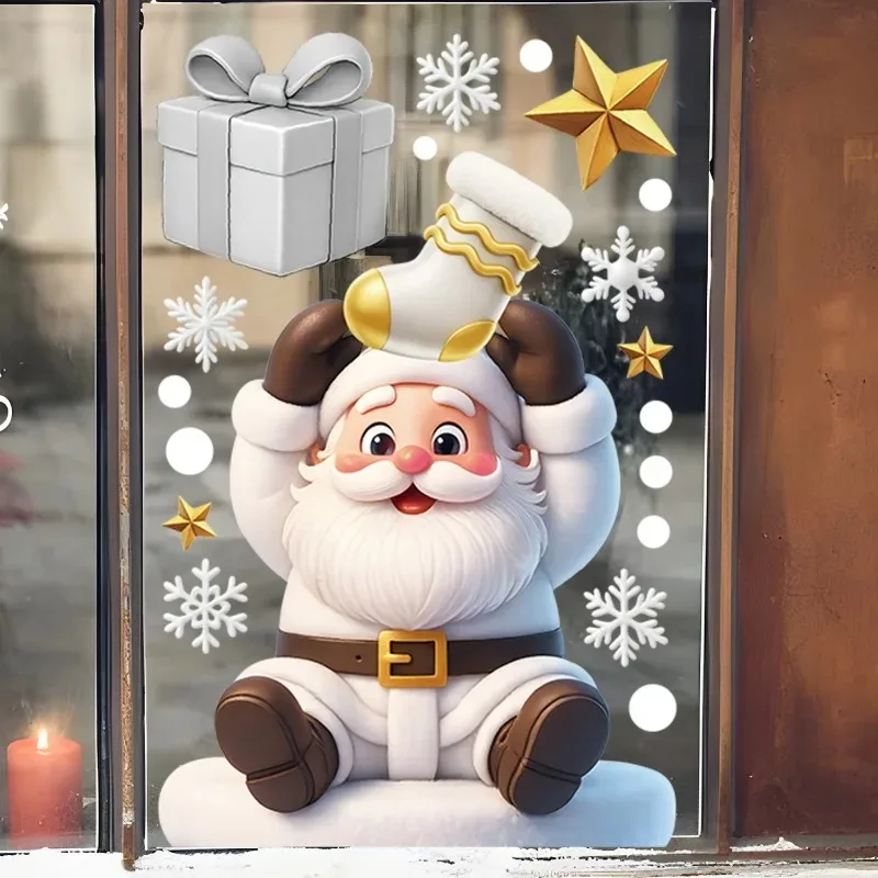 Christmas Snowflake Santa Claus Window Stickers Cartoon Xmas Tree Elk Bell Party Sticker New Year Party Festive Sticker Decor