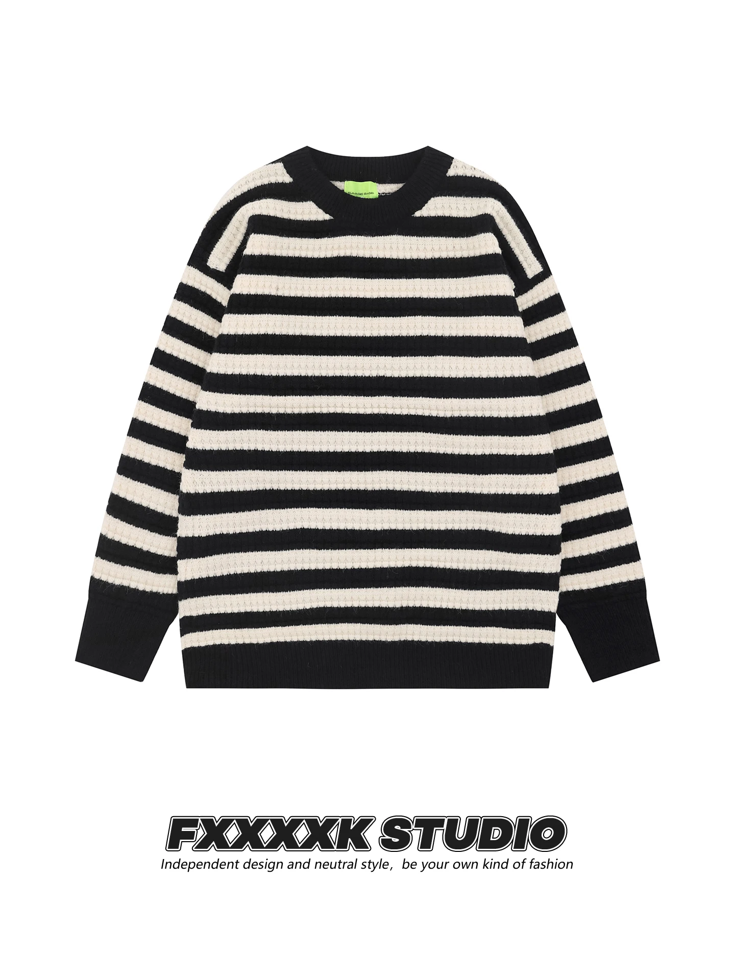 

Оригинальный свитер FXK Color Blo Stripe Knitwear свободного кроя с круглым вырезом для мужчин и женщин, повседневный, осенне-зимний, в стиле колледж.