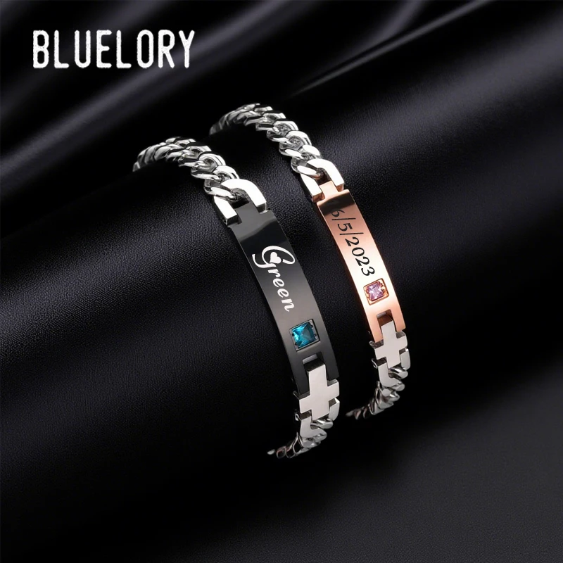 

Bluelory Carving Name Date Bracelet With Zircon Lovers Stainless Steel Thick Chain Customized Name Bracelets Couple Jewelry Gift