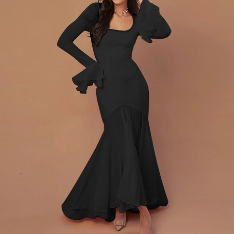 Women Elegant Hight Waist Solid Party Dress Sexy  Ruffled Hem Slim Evening Dress Fashion Square Neck Flared Sleeve Long Dresses