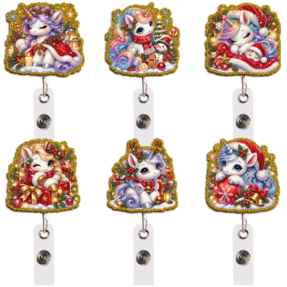 Glitter Acrylic Retractable Badge Reel Cartoon Christmas Unicorn ID Card Holder Lanyard Clip Office School Badge Accessories