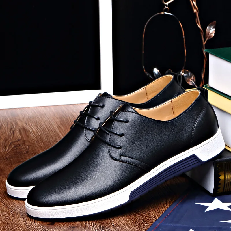 Leather Men Casual Shoes Lazy Slip on Mens Leather Shoes Quality Breathable Lace Up Man Flats British Peas Shoes Plus Size 39-48