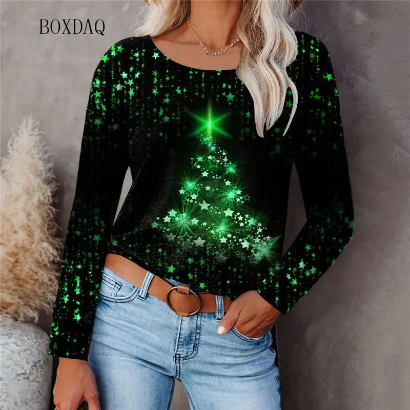 Christmas Women's Sweatshirt Designer Round Neck Long Sleeve Loose Casual Christmas Tree Sparkling Fun Pattern Print Top