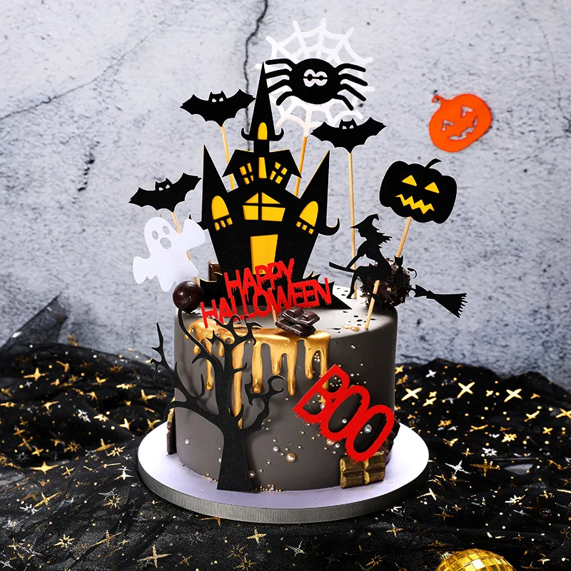 Halloween Cake Toppers DIY Cupcake Topper Castle Ghost Witch Vampire Pumpkin Cake Flags Kids Birthday Wedding Party Baking Decor