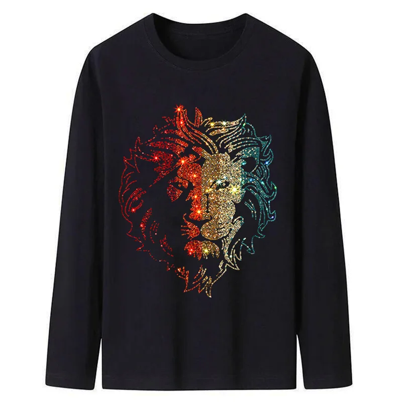 

IZEVUS men's loose long sleeve T-shirt Hot drill Lion head pattern fashion casual long sleeve T-shirt