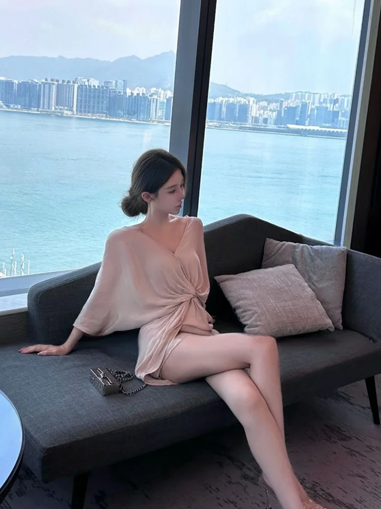 

Stazf7 Summer Women's Dress Slimming V-neck Knot Waist Short Skirt Loose Style High Waist Batwing Sleeve City Commute Date Party