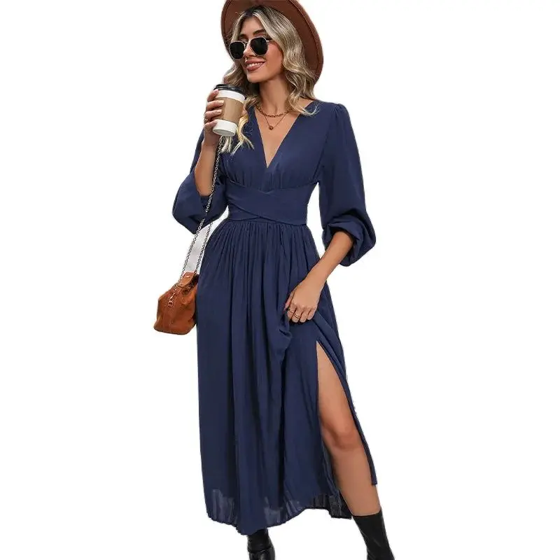 Dresses For Women Winter Fashion Long Sleeve Soild Elegant V-Neck Chiffon Casual A-Line Ankle-Length High Waist Dress