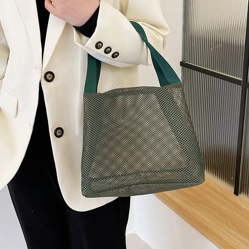 新しい大容量メッシュバッグハンドル旅行トイレタリー化粧バッグポータブルビーチバッグ化粧品ジッパーポーチ