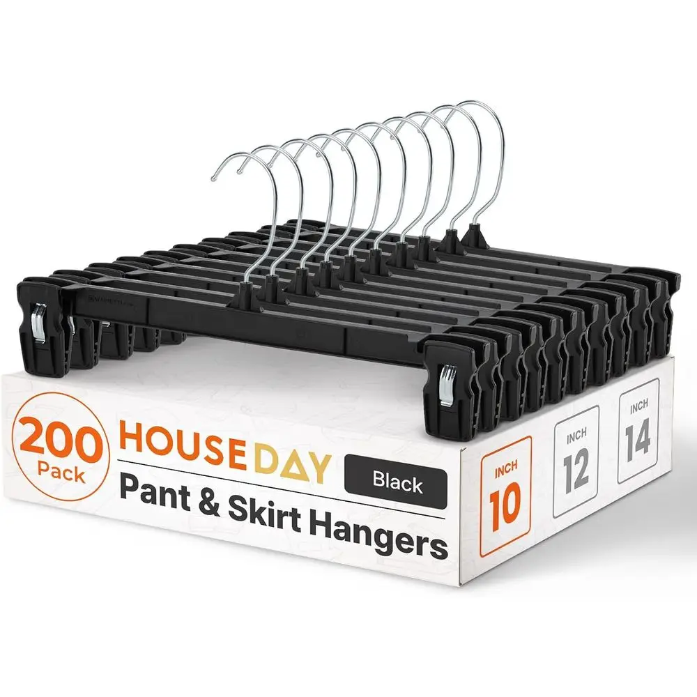 Black Pants Hangers with Clips 200 Pack, 10 Inch Skirt Hangers | Non-slip clips hold olded pants, skirts and kids' clothes; 360°