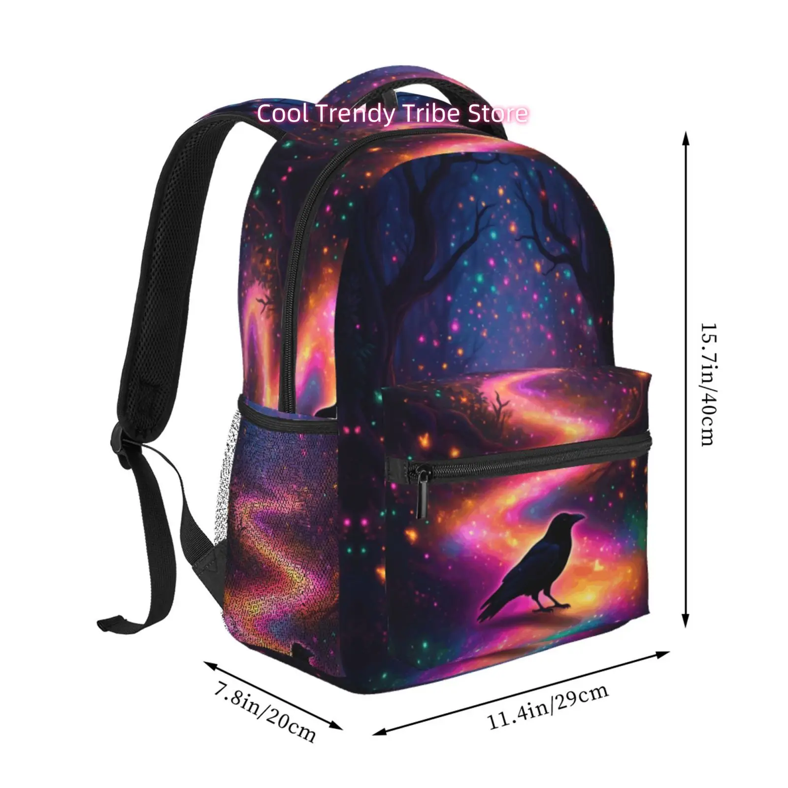 Mystical Raven Neon Galaxy Backpack with Neon Raven & Forest Print - High Quality Oxford Cloth, Adjustable Straps & Zipper Closu