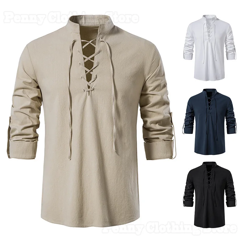 

2024 Men's New Men's Cotton Linen Shirt Long Sleeve Casual Beach Stand Collar Shirt European Size Loose Large Size S-3XL