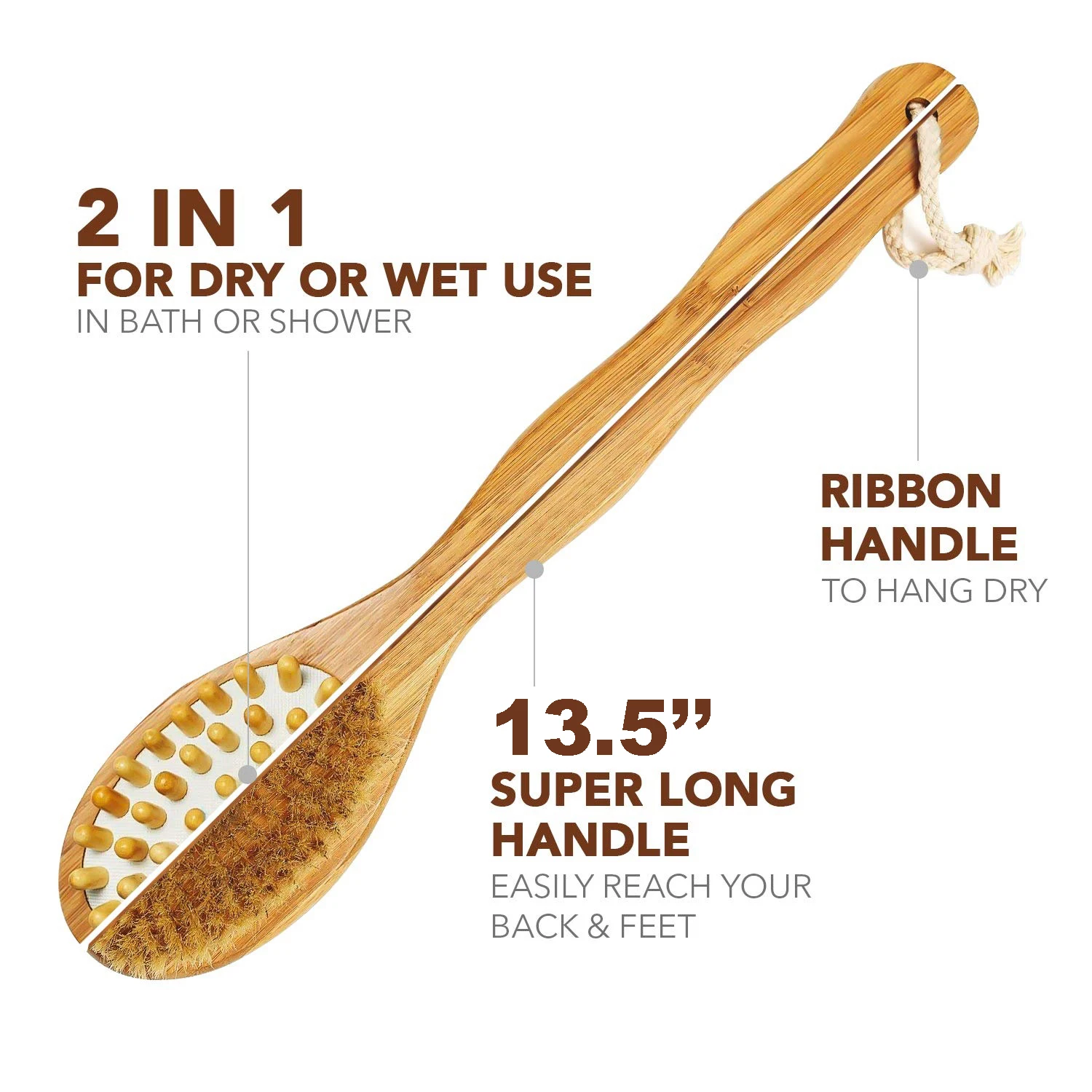 1PCS Bath Blossom Bamboo Body Brush for Back Scrubber Natural Bristles Shower Brush with Long Handle Dry Brushing