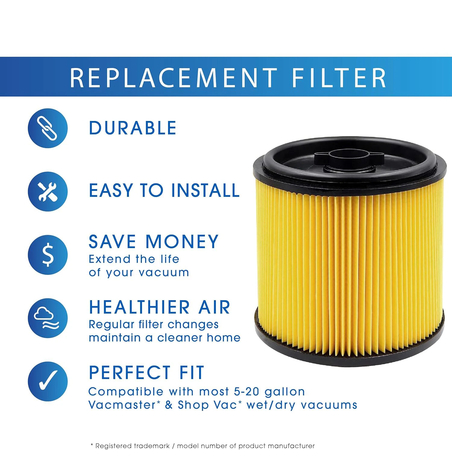 استبدال فلتر خرطوشة قياسي لمرشح Vacmaster VCFS، متوافق مع مرشح Vacmaster 5-16 جالون رطب/جاف #5