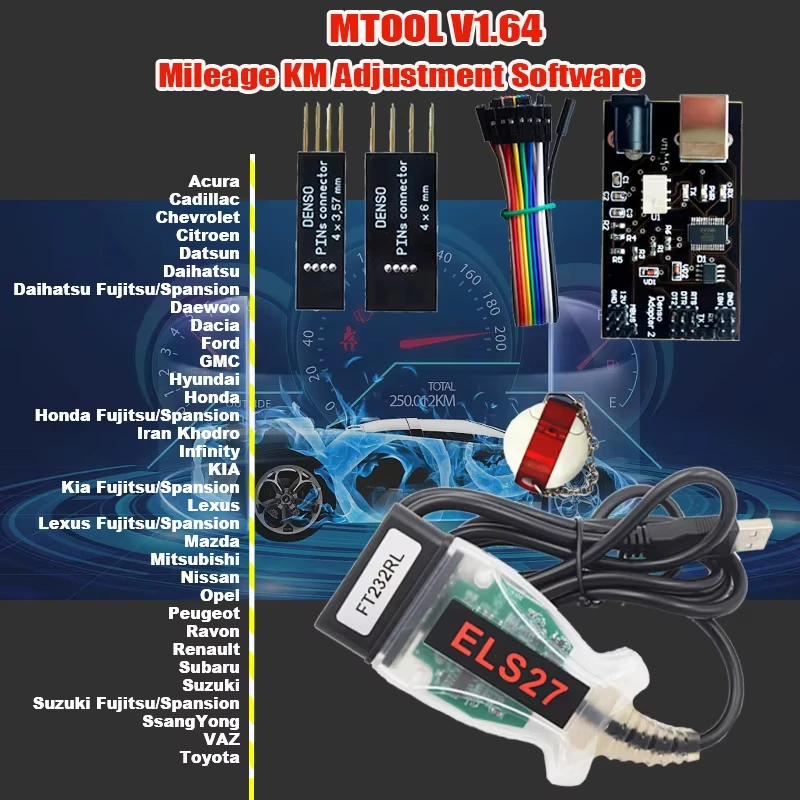 MTool V1.64 Rollback Programmer Mileage KM Adjustment Mtool with Dongle Denso Adapter Denso Pin Wire Cable Mileage Correction