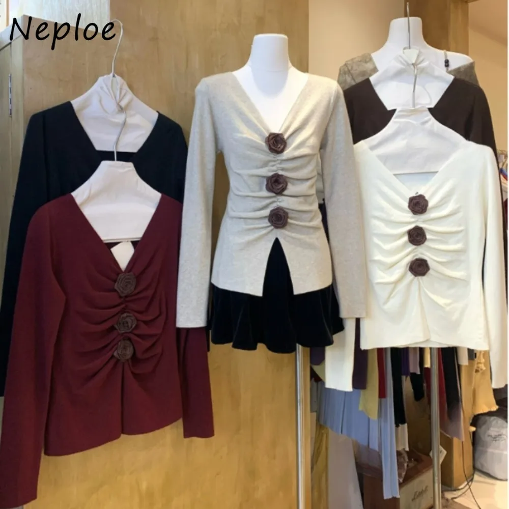 Neploe Elegant 3D Flower Commuter Harajuku Slim Shirt French Style Rose Ruched Long Sleeve Jumper Knit Vent Sweet New Women Tops