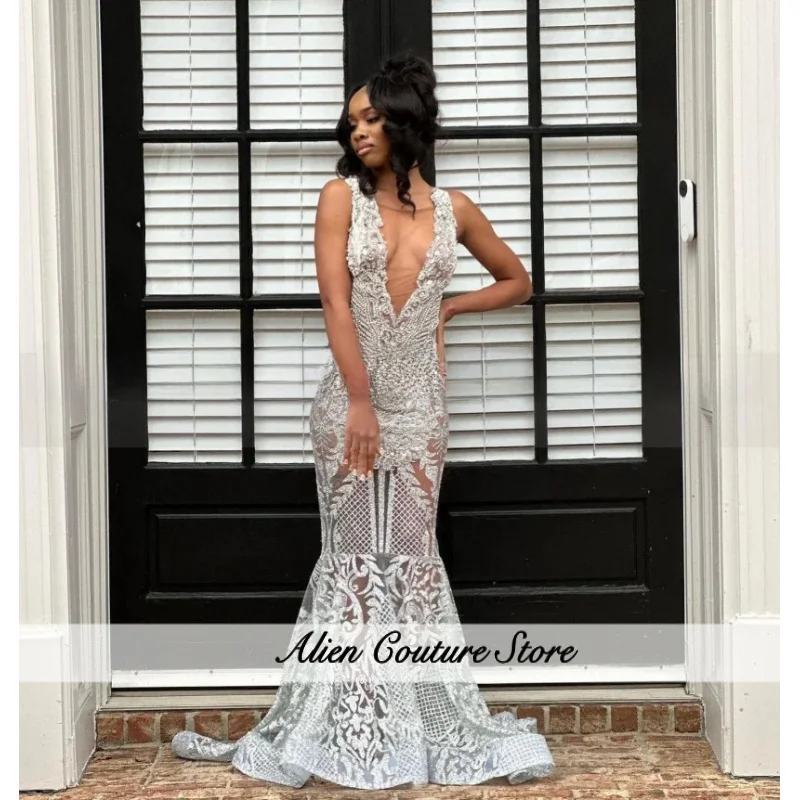 Seksowna Przezroczysta Sukienka na Bal Maturalny w Stylu Syreny z Dekoltem w Serek, Srebrne Aplikacje z Diamentami, Afrykańska Suknia Ślubna z Przezroczystej Siateczki na Imprezę, Sukienka na Zamówienie (vestido festa)