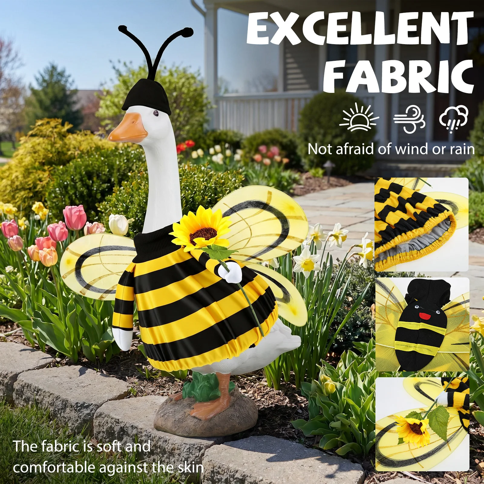 Bee/Ladybug Porch Goose Outfit 23 Inch Geese Statue Costume with Hats Wings Sunflower Bouquets for Garden Lawn Yard Decoration