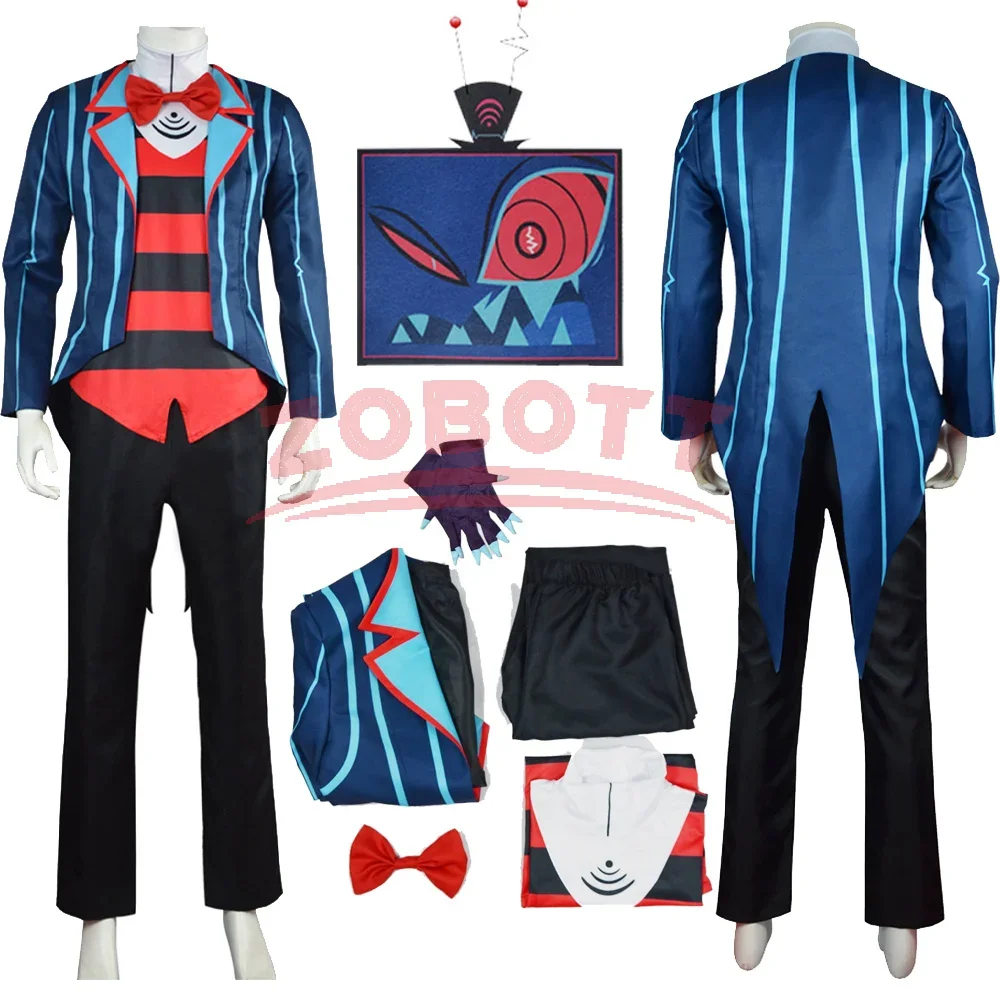 Disfraz de Cosplay de Hotel Vox de Hazbin, Uniforme, Chaqueta, Pantalones, Traje para Hombre, Halloween, Carnaval, Azul y Rojo, Juego de Roles