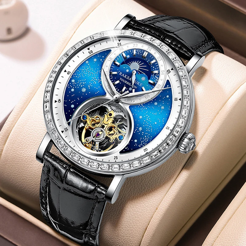 

Starry Tourbillon Skeleton Automatic Watch for Men Luxury Diamond Moon Phase Mechanical Mens Watches Luminous Reloj Hombre 2022