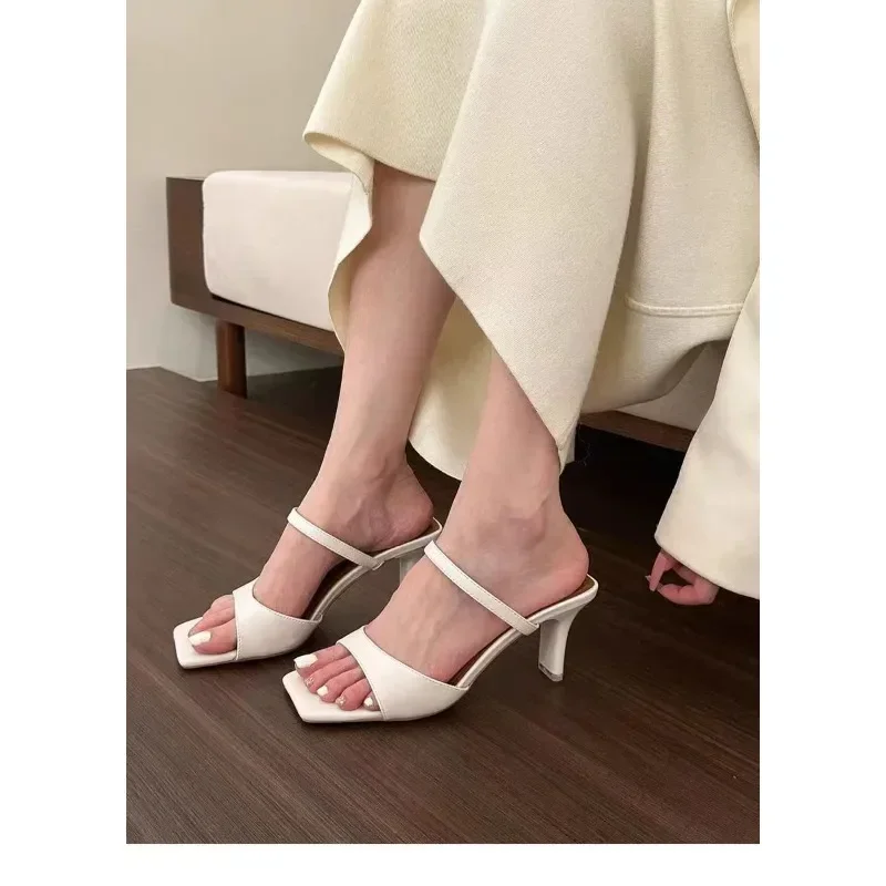 Summer high heel party mules 2024 new style women\'s high heel slippers fashion sandals women\'s simple PU shoes ladies slippers