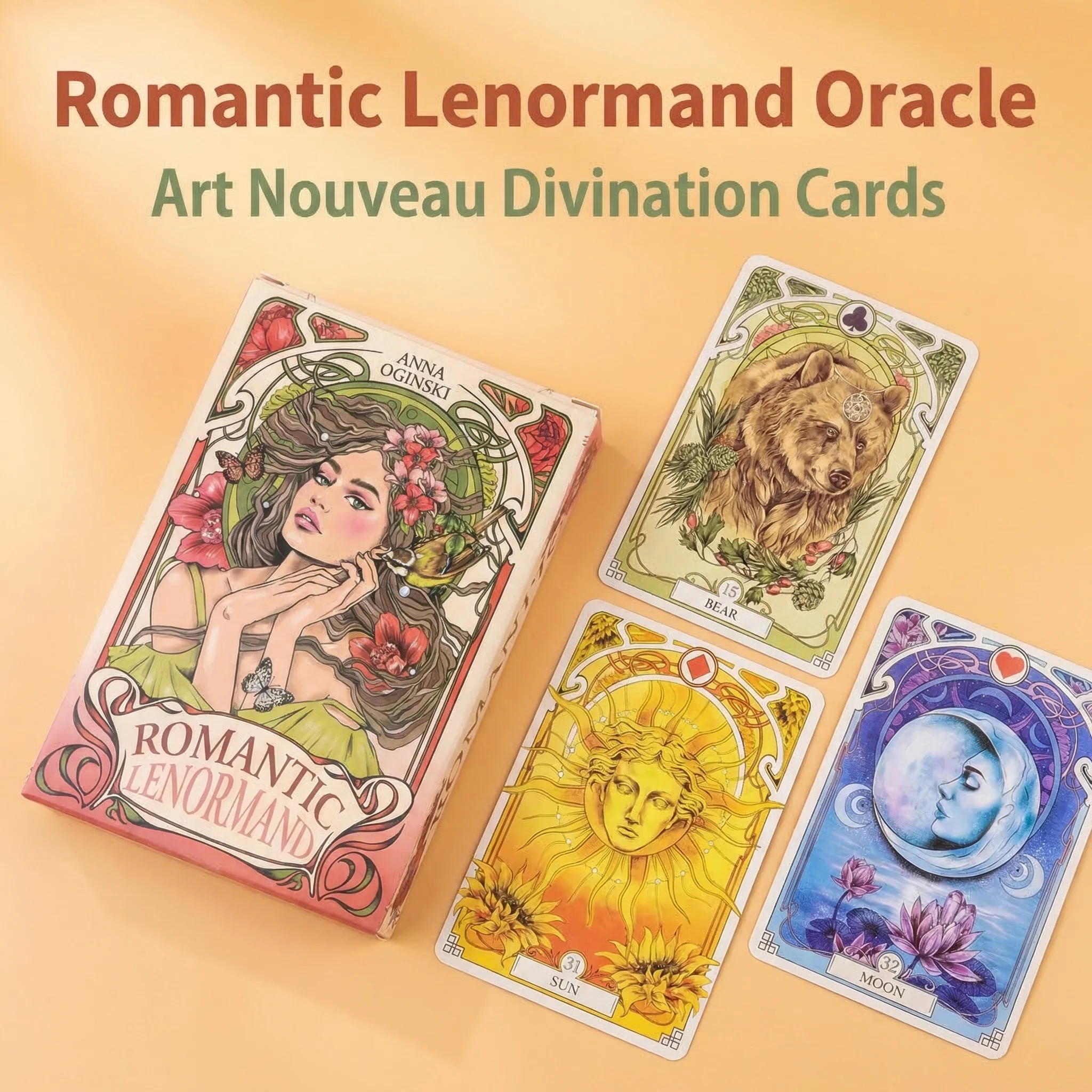 Romantische Lenormand-Orakelkarten, 37-teiliges Deck, englisches Vision-Art-Nouveau-Blumen-Wahrsagespiel, 4 x 2,8 Zoll