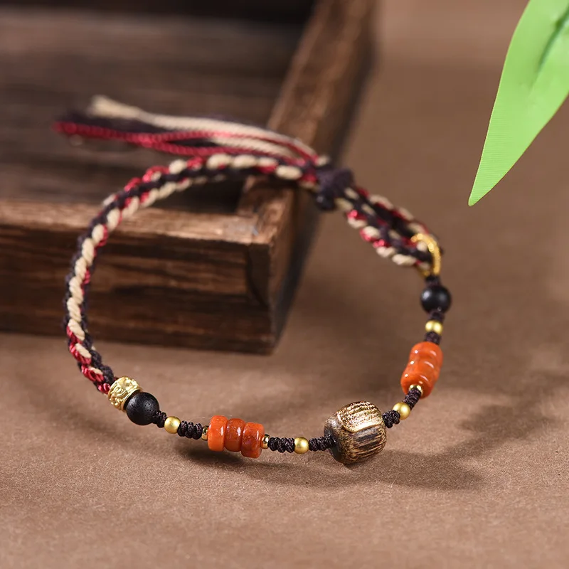 Tibetan-style Woven Sandalwood Bracelets Retro Ethnic Style Lucky Hand Rope Men Women Trendy Light Luxury Handcrafted Accessorie