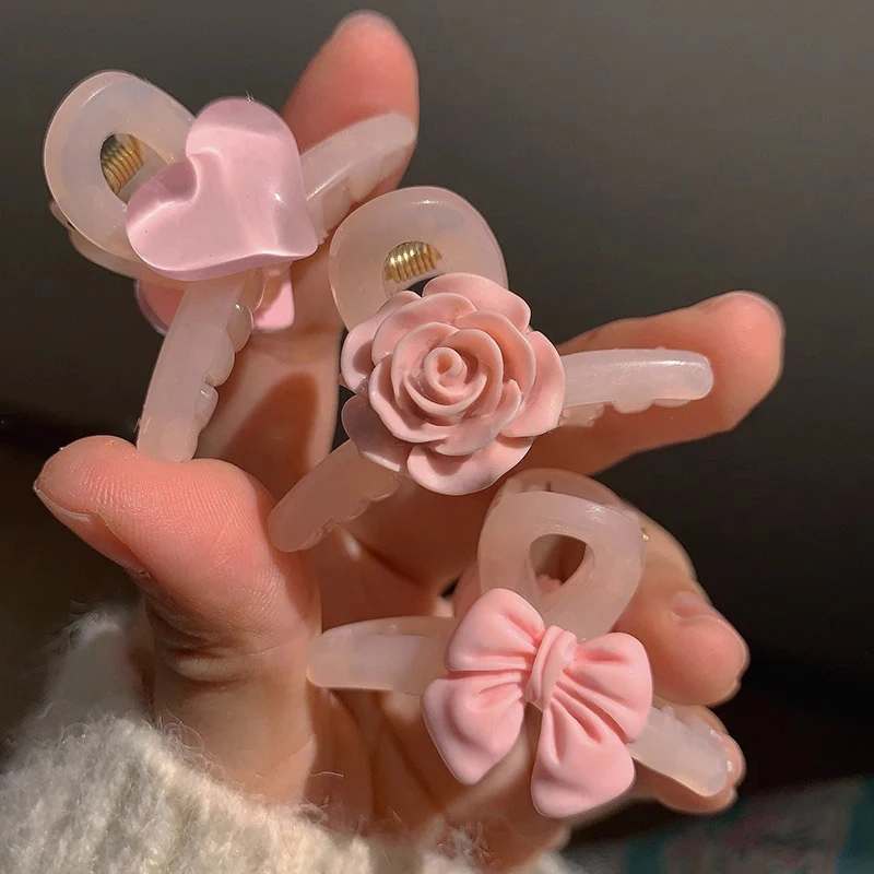 Pink Flower Bow Heart Small Hair Clip Pink Translucent Hair Clip Simple Hair Card Hair Accessories Headdresses