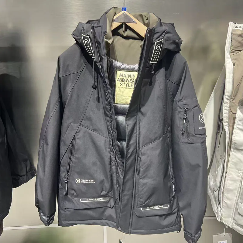 

Men's Hooded down Jacket White Duck Feather Thick Warm Winter Workwear Style Nylon Fabric Regular Fit Outerwear Coat