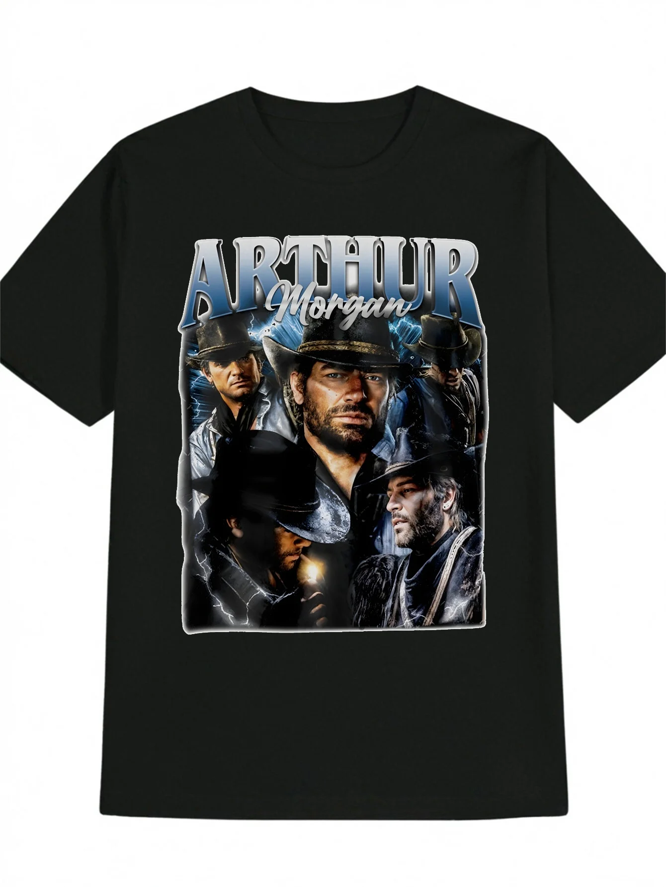 Camiseta informal y versátil con cuello redondo para hombre con estampado de texto de Arthur Morgan y diseño de sombrero de vaquero, perfecta como