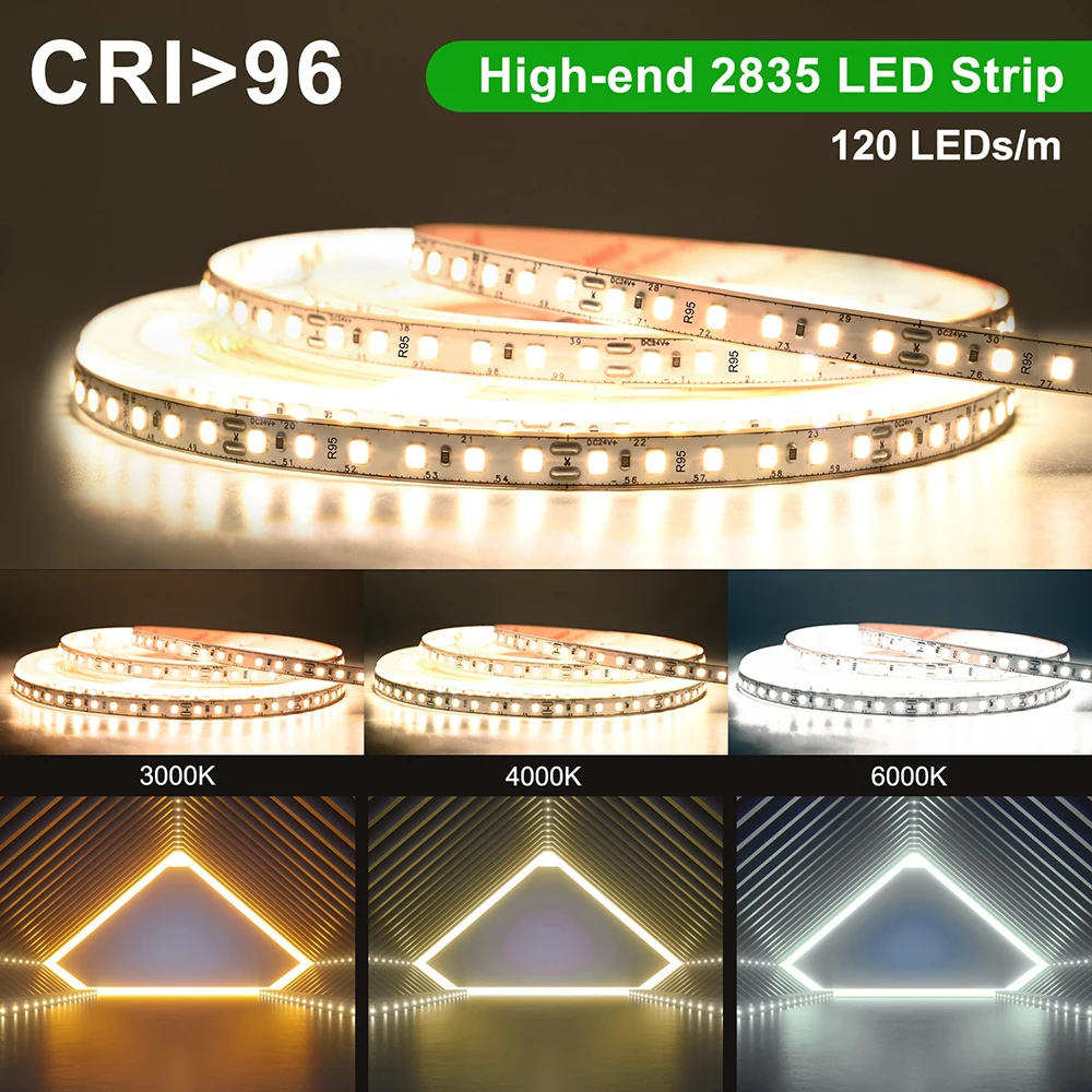סטריפ LED SMD 2835 DC12V 24V 5M 120LEDs/m רצועת גמישה RA95 3000K 6000K PCB 8mm סטריפ בר אור SMD2835 לעיצוב הבית