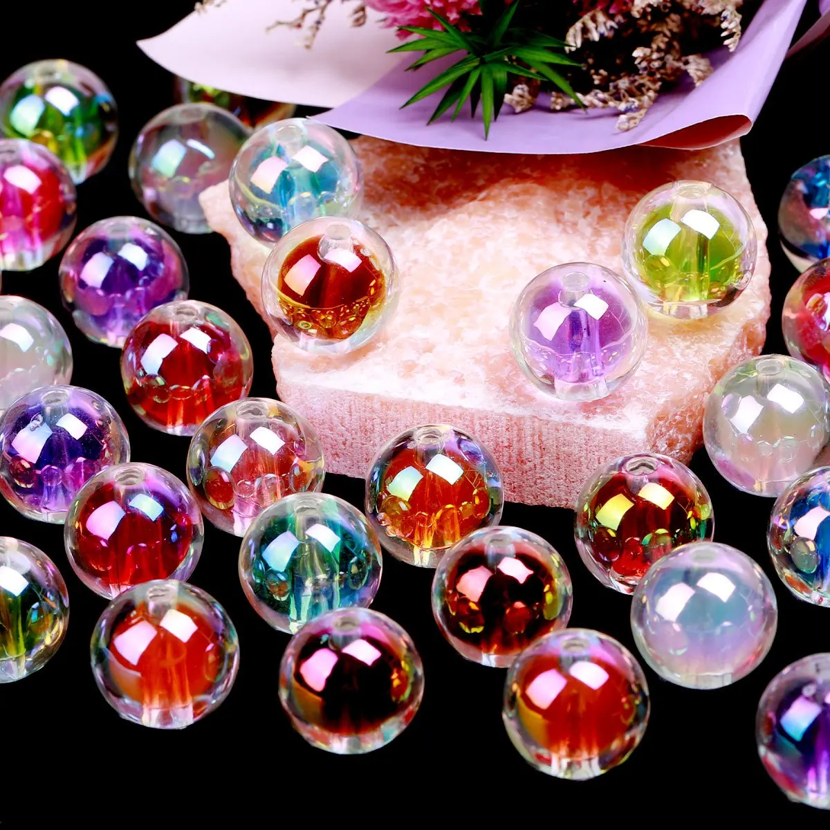 15/30pcs Random Color Confetti Sequin Round Acrylic Beads 16mm Loose Spacer Beads For Bracelet Jewelry DIY Craft Making