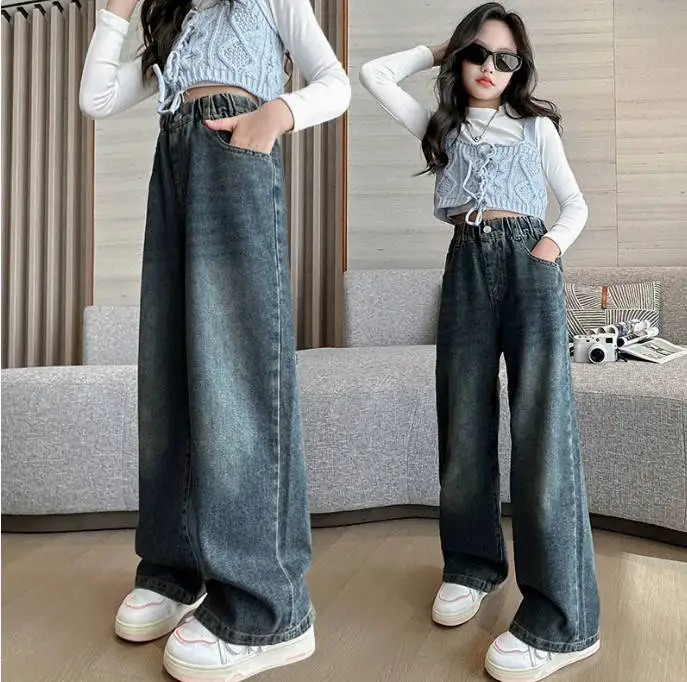 Teen Girls Jeans with Bowknot Embroidery Autumn Winter Casual Fashion Kids Wide Leg Jeans Pants School Children Denim Trousers