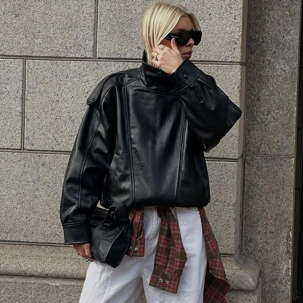 Tuularose الوقوف طوق المرأة سترة كم كامل زر مزدوج الصلبة الإناث سترات من الجلد الخريف موضة ملابس خارجية شارع العليا #6