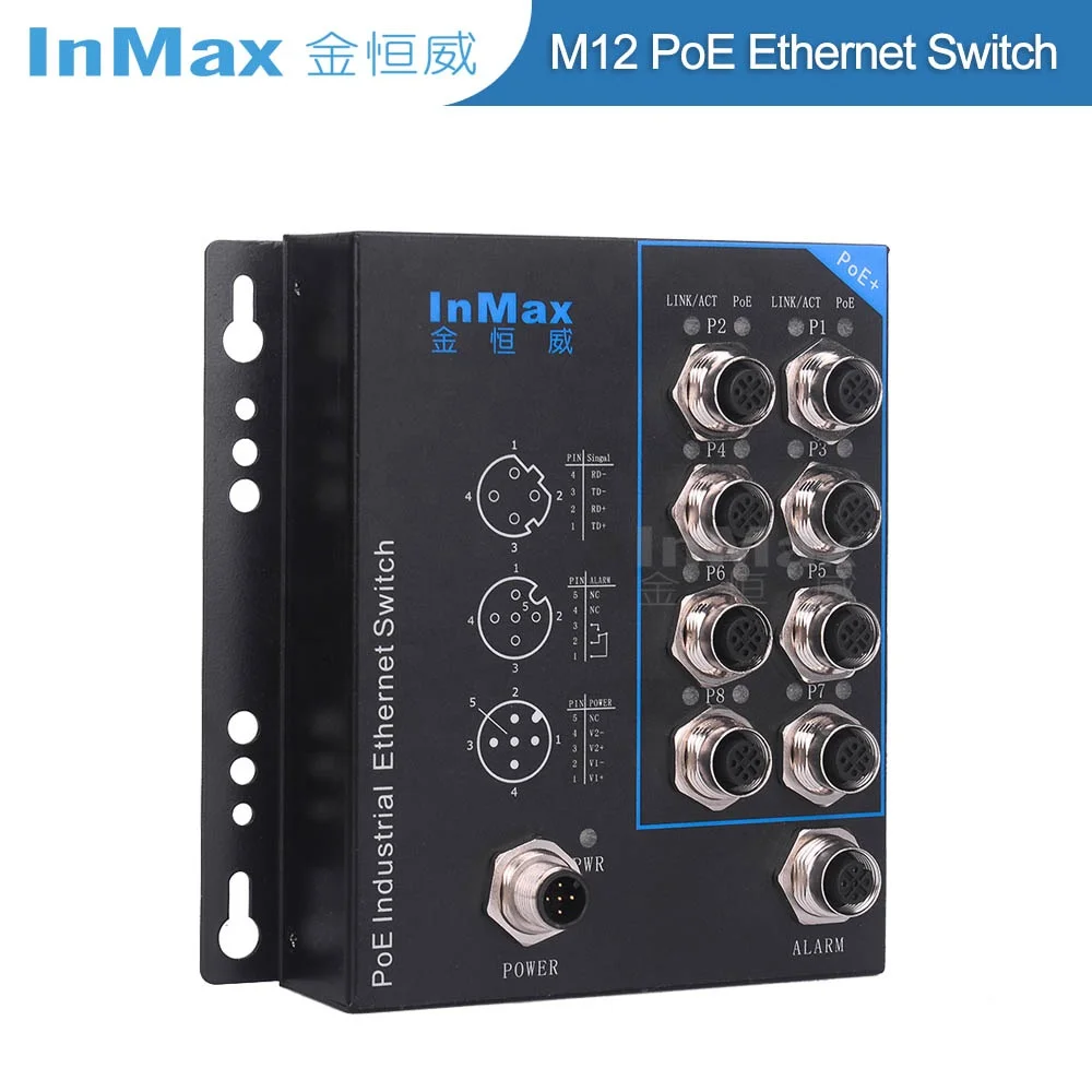 InMax Manufacturer M12 Switch 8 Port D-code Car Security Cameras System Metro Subway Railway Poe 24v Unmanaged PoE Switch