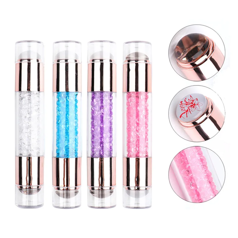 3Pcs Rhinestone Nail Stamp Set Dual-Ended Silicone Head with 2 Scrapers Milky White Transparent DIY Manicure Tools