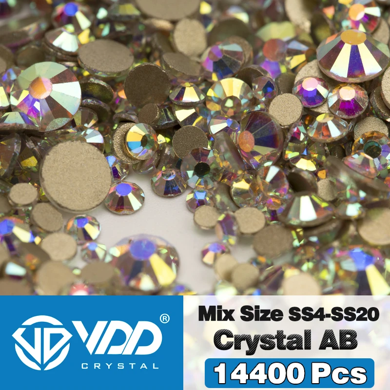 VDD 14400 Stuks Groothandel SS4-SS20 Mix Grootte Glas Steentjes Kristal Niet-hotfix Gouden Plaksteen Stenen Voor DIY Nail Art accessoires
