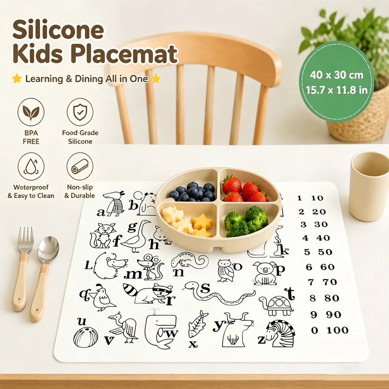 40x30cm Reusable Silicone Placemat Washable Drawing Mat with Alphabet Number Dining Table Mat Coaster Heat Resistant Kitchen Pad