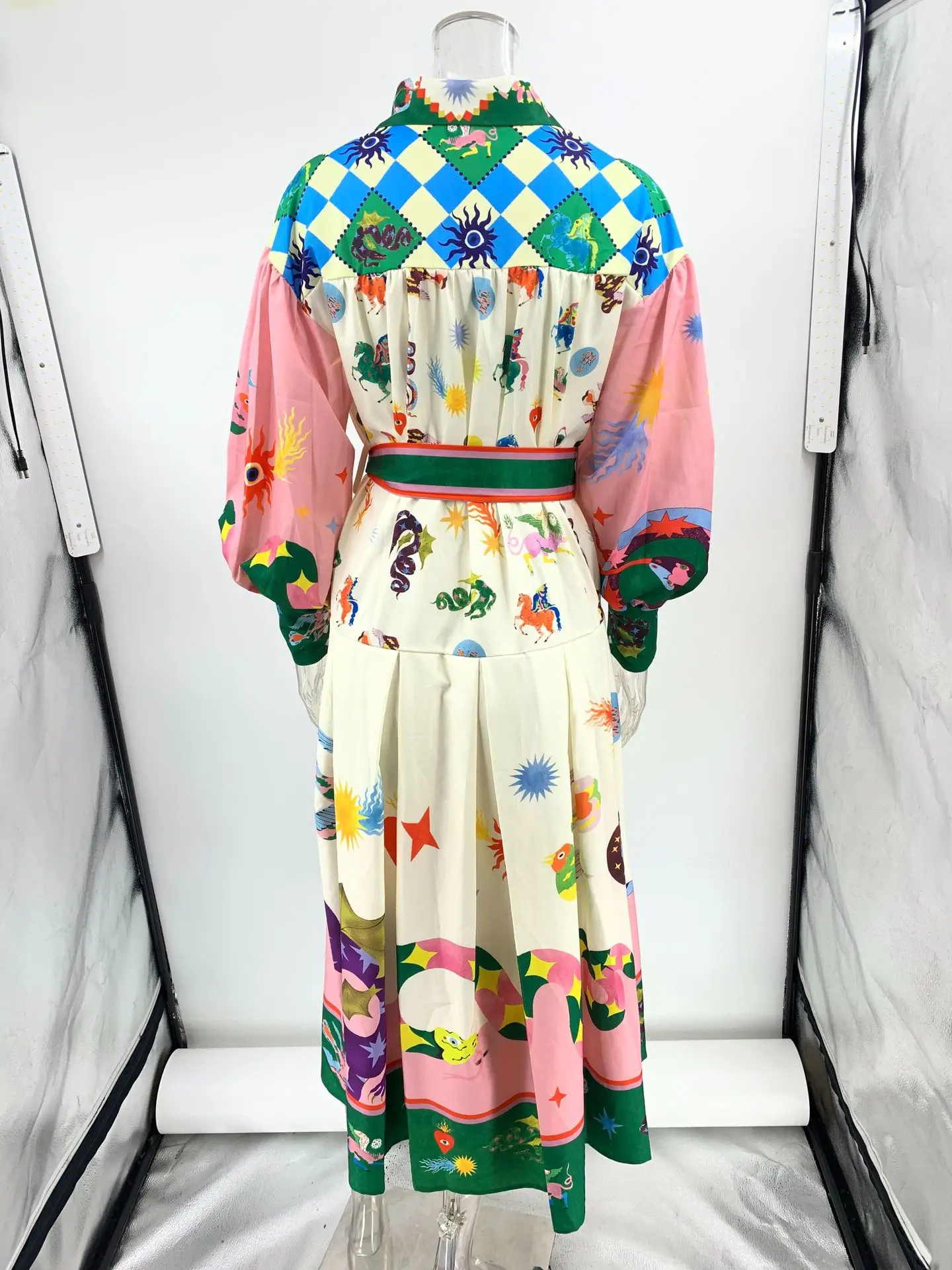 Vintage Print Lanter Sleeve Big Swing Long Dresses For Women Turn Collar Maxi Dress and Belt Vestidos Femme Party