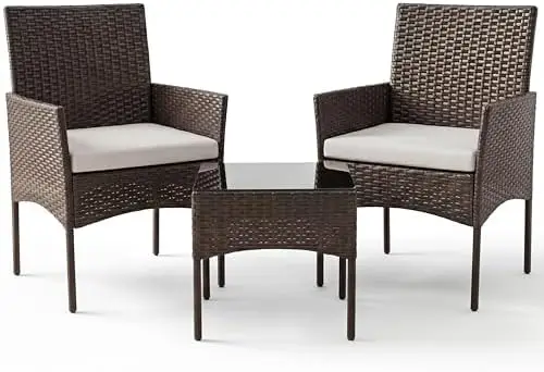 3 Piece Patio Furniture Set, All-Weather Outdoor Conversation Set with Removable Cushions & Tempered Glass Table, Small