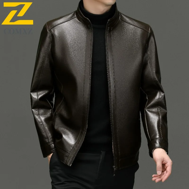 

Premium Leather Jacket Men 2025 Winter Stand Collar Business Casual Short Outerwear Fleece Lined Thickened Warm PU Leather Coat