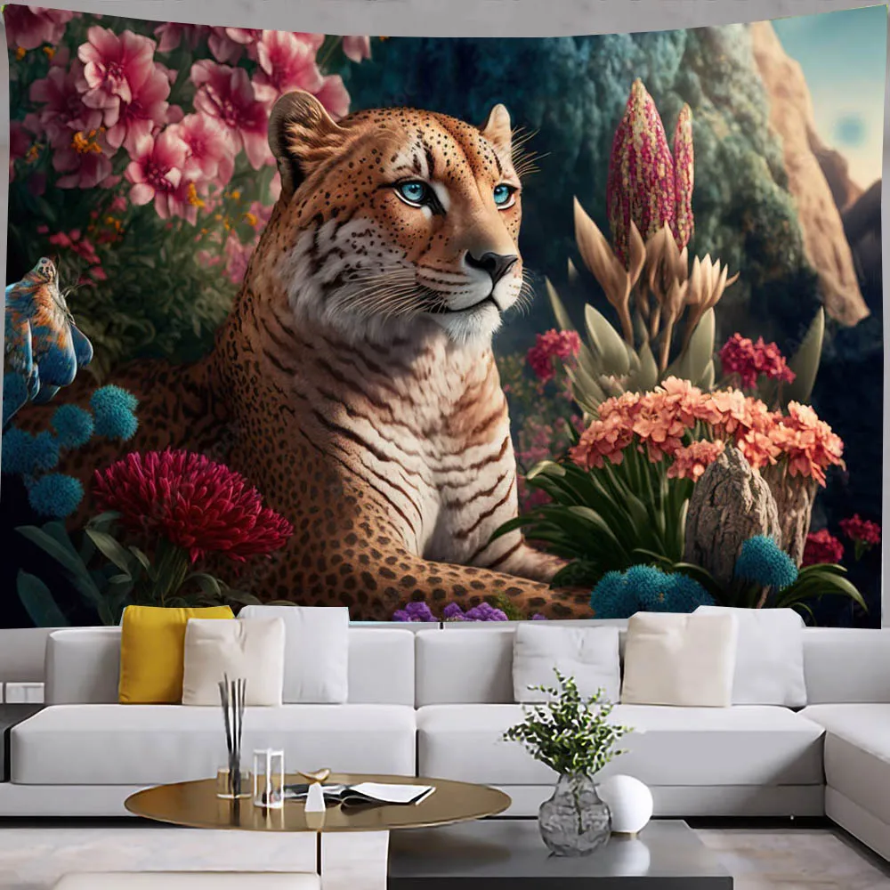 Animal Leopard Tapestry Cheetah Flowers Wall Cover Cloth Panther Colorful Floral Bedroom Living Room Decor Wall Hanging Blanket