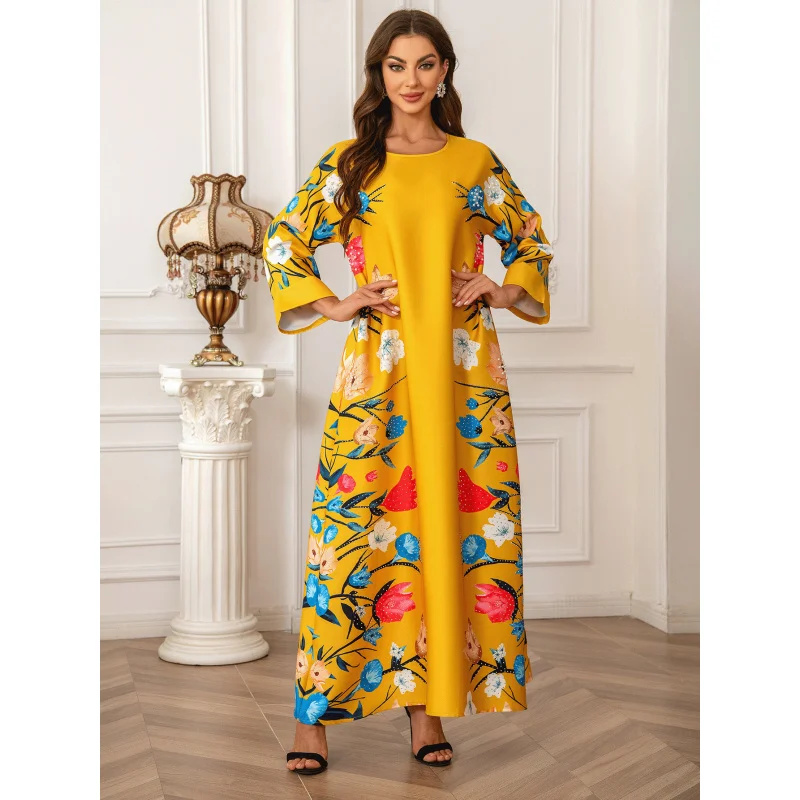 2025 Middle East Dubai Fashion Printed Rhinestones Women's Robe Abaya Muslim Dress W001