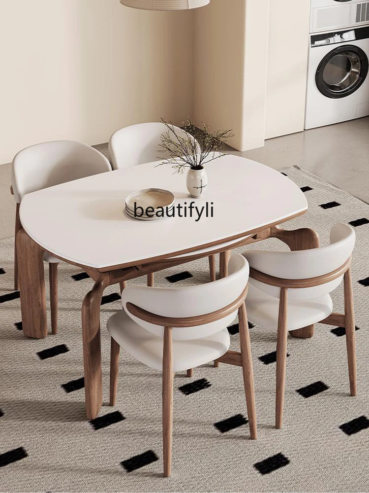 Nordic Solid Wood Stone Plate Retractable Dining Table Retro Square round Dual-Use Dining Tables and Chairs Set